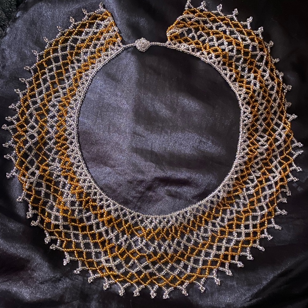 Handmade beaded collar necklace. Clear/gold-ish beads.